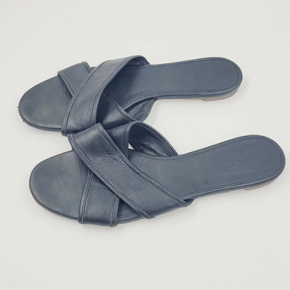J. Crew Cora Black Leather Two Strap Slide Sandals Size 9